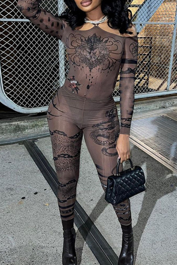 Black Sexy Print Patchwork See-Through Backless Spaghetti Strap Sleeveless Two Pieces