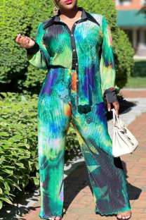 Green Casual Print Buckle Patchwork Ruched Turndown Collar Long Sleeve Two Pieces