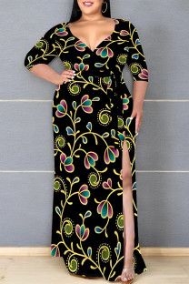 Black Elegant Floral Print Lace Up Slit V Neck Printed Plus Size Dresses