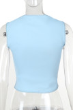 Blue Sexy Solid Color Hollow Out Patchwork Backless Square Neck Tops