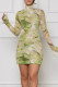 Green Sexy Print Patchwork Slit Half A Turtleneck Wrapped Skirt Dresses