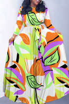 White Green Casual Leaf Print Basic O Neck Long Dresses