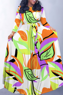 White Green Casual Leaf Print Basic O Neck Long Dresses