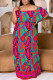Rose Red Casual Print Patchwork Off Shoulder Long Plus Size Dresses