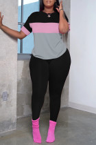 Gray Pink Casual Patchwork Contrast O Neck Short Sleeve Two Pieces