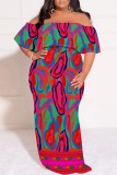 Rose Red Casual Print Patchwork Off Shoulder Long Plus Size Dresses