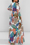 Black Casual Leaf Print Basic O Neck Long Dresses