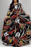 Black Casual Leaf Print Basic O Neck Long Dresses