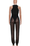 Black Sexy Solid Color Draw String Patchwork See-Through O Neck Sleeveless Two Pieces