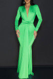 Blue Elegant Solid Color Patchwork Ruched Deep V Neck Long Dresses