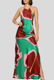Green Elegant Print Patchwork Backless Strap Design Halter Long Dresses