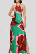Green Elegant Print Patchwork Backless Strap Design Halter Long Dresses