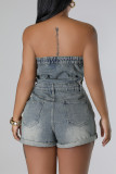 Blue Gray Sexy Solid Color Pocket Buckle Patchwork Zipper Strapless Sleeveless Skinny Denim Jumpsuits