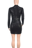 Black Sexy Solid Color Hollow Out Sequins Patchwork O Neck Wrapped Skirt Dresses