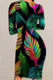 Multicolor Sexy Print Patchwork O Neck Wrapped Skirt Dresses