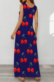 Tibetan Blue Casual Fruit Print Pocket U Neck Printed Dresses
