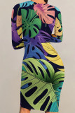 Multicolor Sexy Print Patchwork O Neck Wrapped Skirt Dresses