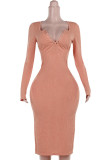 Orange Sexy Solid Color Patchwork Slit V Neck Wrapped Skirt Dresses