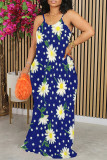 Blue Elegant Print Patchwork U Neck Long Dresses