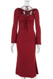 Red Sexy Solid Color Hollow Out Patchwork Strap Design Halter Long Dresses