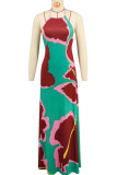 Green Elegant Print Patchwork Backless Strap Design Halter Long Dresses