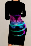 Multicolor Sexy Print Patchwork O Neck Wrapped Skirt Dresses
