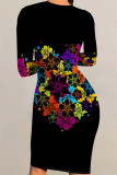 Multicolor Sexy Print Patchwork O Neck Wrapped Skirt Dresses