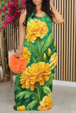 Blue Elegant Print Patchwork U Neck Long Dresses