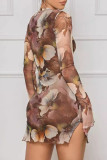 Brown Sexy Print Patchwork Slit O Neck Wrapped Skirt Dresses
