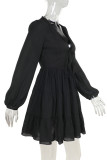 Black Celebrities Solid Color Patchwork Ruched Strap Design Deep V Neck A Line Dresses