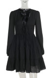 Black Celebrities Solid Color Patchwork Ruched Strap Design Deep V Neck A Line Dresses