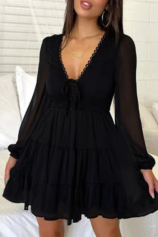 Black Celebrities Solid Color Patchwork Ruched Strap Design Deep V Neck A Line Dresses