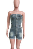 Blue Gray Sexy Solid Color Pocket Buckle Patchwork Zipper Strapless Sleeveless Skinny Denim Jumpsuits
