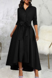 Blue Elegant Solid Color Buckle Patchwork Ruched Strap Design Turndown Collar A Line Dresses