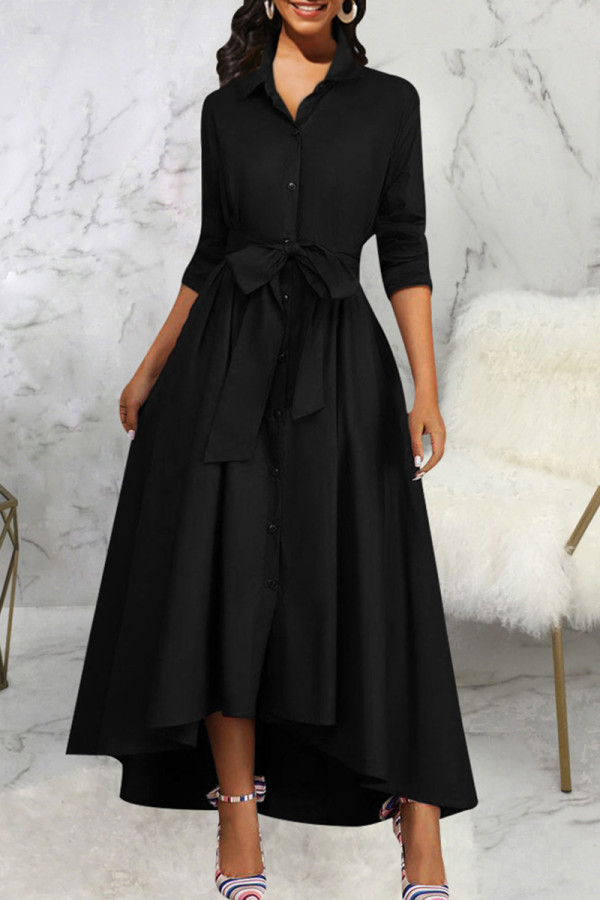 Black Elegant Solid Color Buckle Patchwork Ruched Strap Design Turndown Collar A Line Dresses