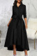 Black Elegant Solid Color Buckle Patchwork Ruched Strap Design Turndown Collar A Line Dresses