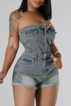 Blue Gray Sexy Solid Color Pocket Buckle Patchwork Zipper Strapless Sleeveless Skinny Denim Jumpsuits
