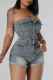 Blue Gray Sexy Solid Color Pocket Buckle Patchwork Zipper Strapless Sleeveless Skinny Denim Jumpsuits