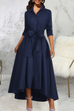 Blue Elegant Solid Color Buckle Patchwork Ruched Strap Design Turndown Collar A Line Dresses
