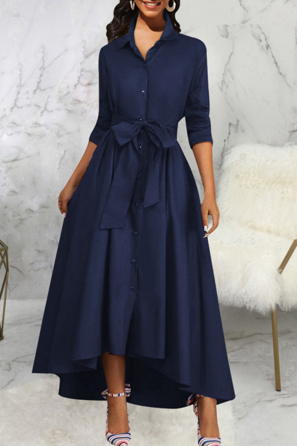 Blue Elegant Solid Color Buckle Patchwork Ruched Strap Design Turndown Collar A Line Dresses