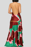 Green Elegant Print Patchwork Backless Strap Design Halter Long Dresses