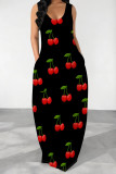 Tibetan Blue Casual Fruit Print Pocket U Neck Printed Dresses