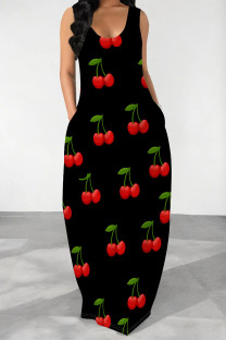 Black Casual Fruit Print Pocket U Neck Printed Dresses