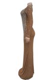 Apricot Sexy Patchwork Hot Drilling See-Through Half A Turtleneck Long Dresses