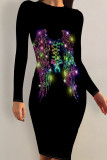 Multicolor Sexy Print Patchwork O Neck Wrapped Skirt Dresses