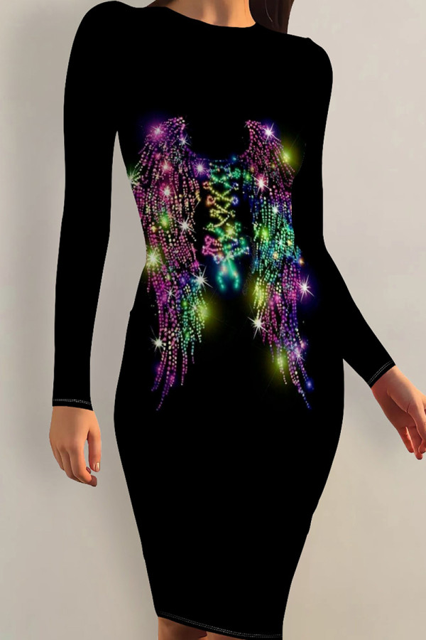 Multicolor Sexy Print Patchwork O Neck Wrapped Skirt Dresses