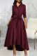 Burgundy Elegant Solid Color Buckle Patchwork Ruched Strap Design Turndown Collar A Line Dresses
