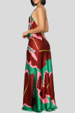 Green Elegant Print Patchwork Backless Strap Design Halter Long Dresses