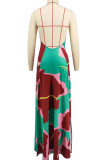 Green Elegant Print Patchwork Backless Strap Design Halter Long Dresses