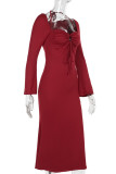 Red Sexy Solid Color Hollow Out Patchwork Strap Design Halter Long Dresses